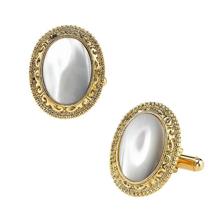 1928 Cabochon Oval Cuff Links, Men's, White