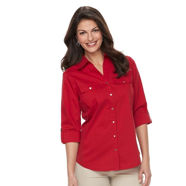 Women's Croft & Barrow&reg; Knit-to-fit Roll-tab Shirt, Size: Xl, Light Red