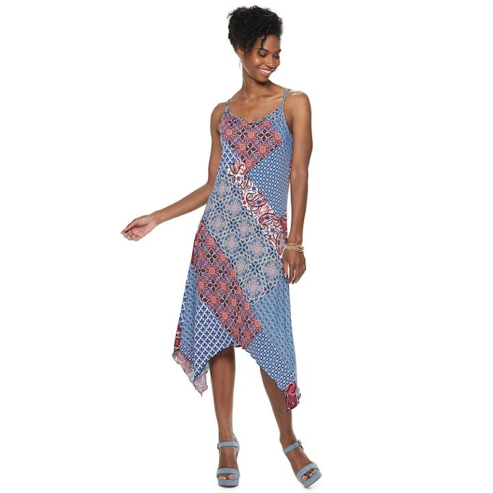 Women's Nina Leonard Patchwork Handkerchief-hem Midi Dress, Size: Xl, Blue (navy)