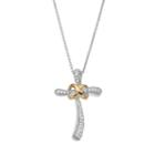 Sterling Silver & 14k Gold Over Silver 1/10 Carat T.w. Diamond Cross Pendant Necklace, Women's, White