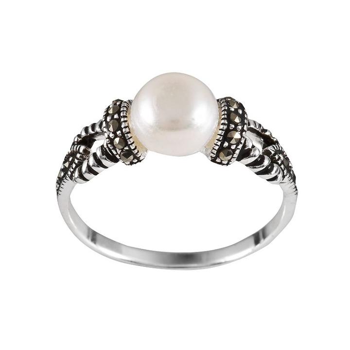 Sterling Silver Freshwater Cultured Pearl & Marcasite Ring, Women's, Size: 8, Grey