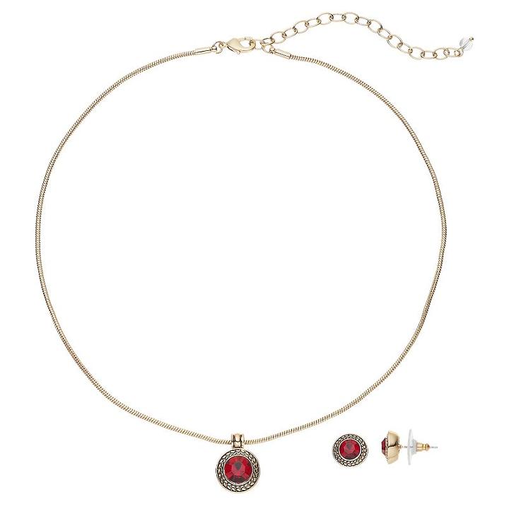 Napier Textured Halo Round Pendant Necklace & Stud Earring Set, Women's, Red