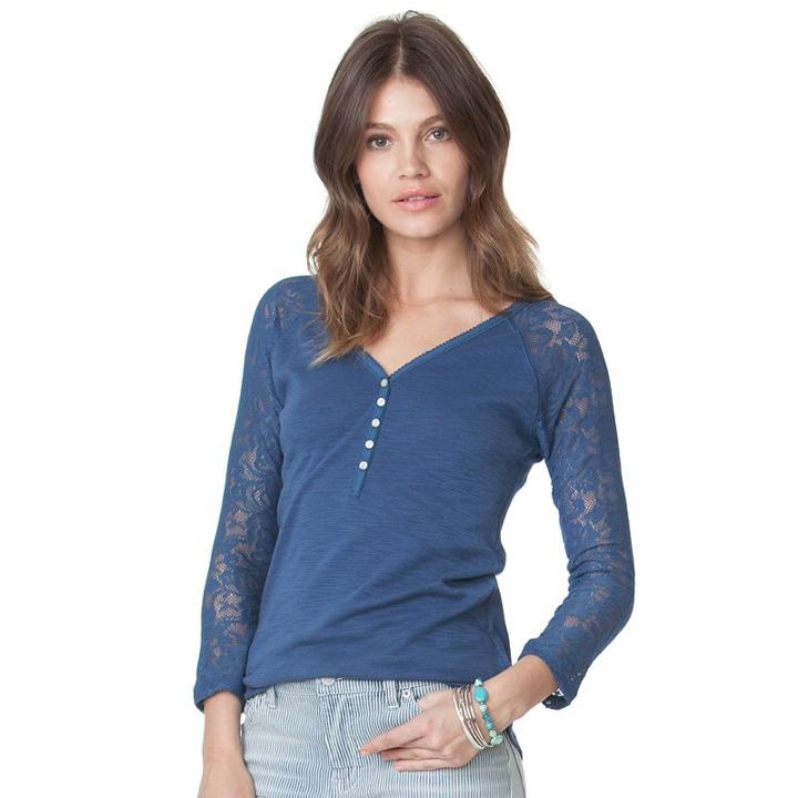 Petite Chaps Lace Henley, Women's, Size: S Petite, Blue