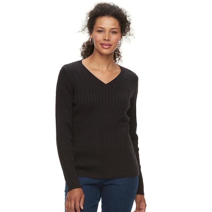 Women's Croft & Barrow&reg; Essential Cable Knit V-neck Sweater, Size: Large, Black