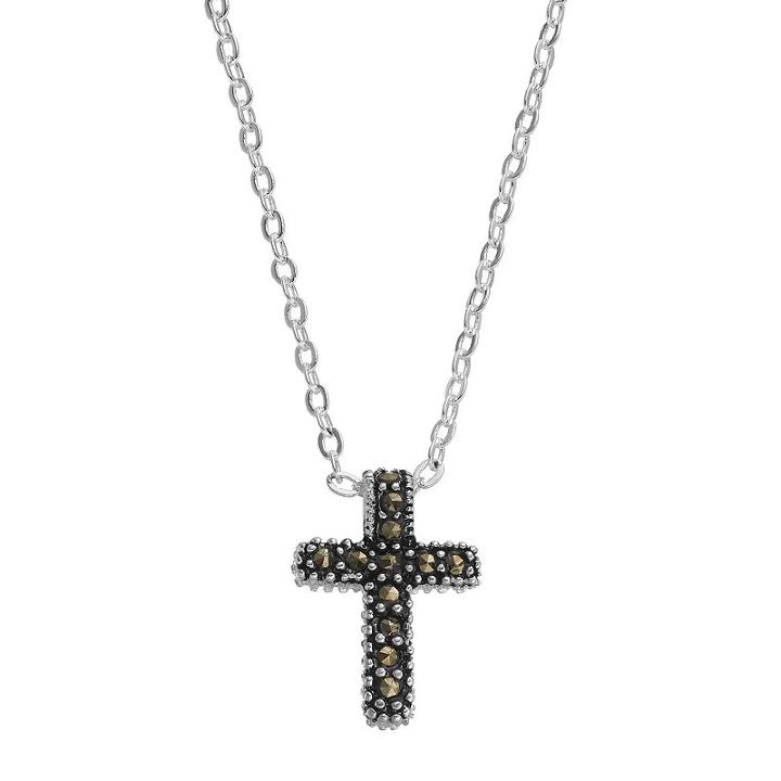 Silver Luxuries Marcasite & Crystal Cross Pendant Necklace, Women's, Grey