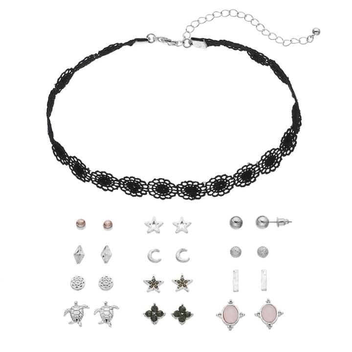 Mudd&reg; Lace Choker Necklace & Turtle Stud Earring Set, Women's, Blue