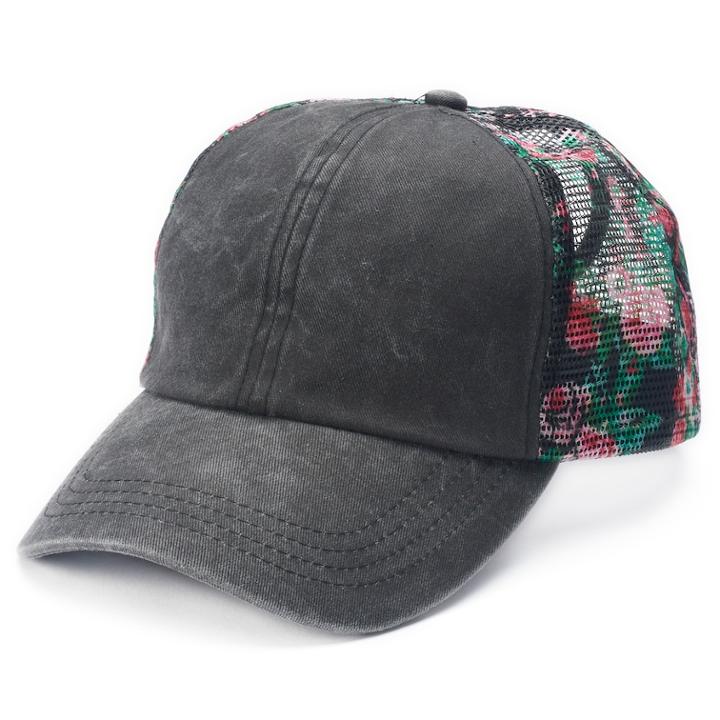 Mudd&reg; Floral Mesh Back Ponytail Baseball Cap, Women's, Black