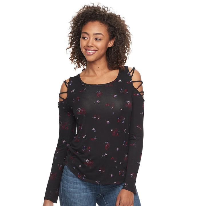 Juniors' Mudd&reg; Lattice Cold-shoulder Sleeve Top, Teens, Size: Large, Oxford
