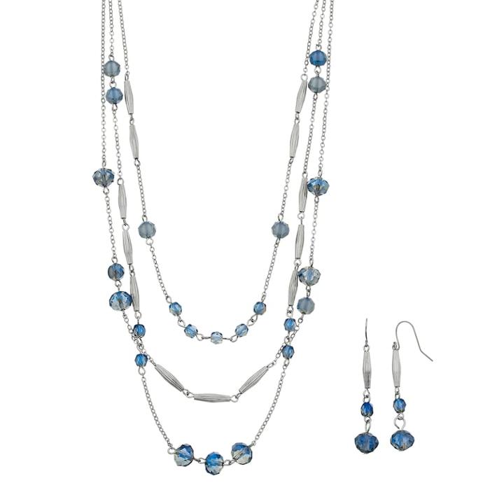 Blue Beaded Multi Strand Necklace & Drop Earring Set, Women's, Med Blue