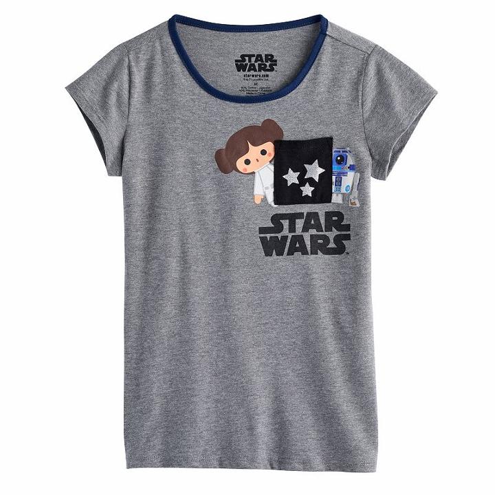Girls 7-16 Star Wars Princess Leia & R2-d2 Cartoon Graphic Pocket Tee, Size: Xl, Grey
