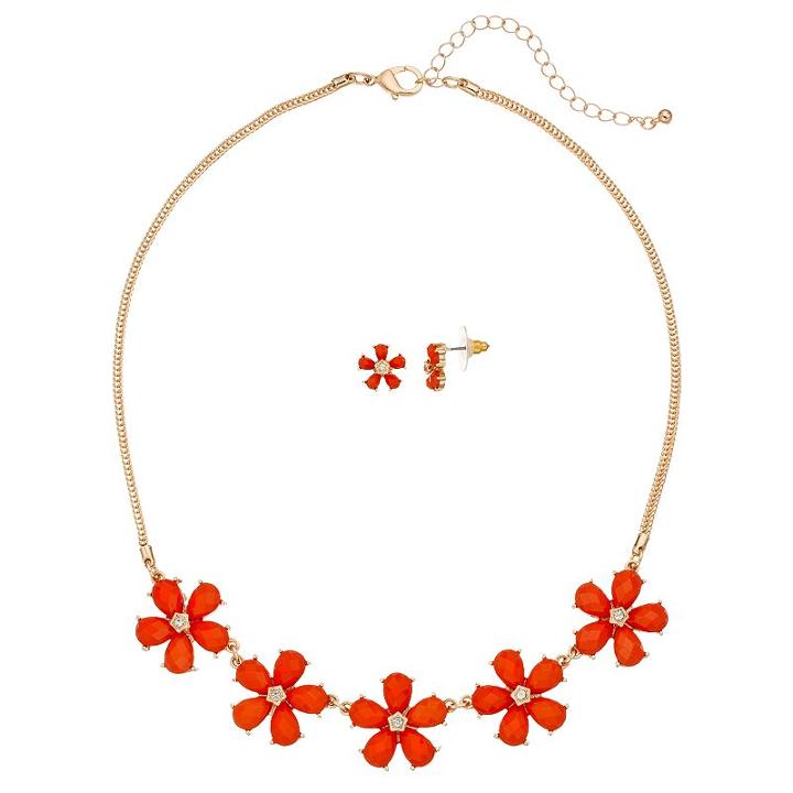 Orange Flower Necklace & Stud Earring Set, Women's, Brt Pink