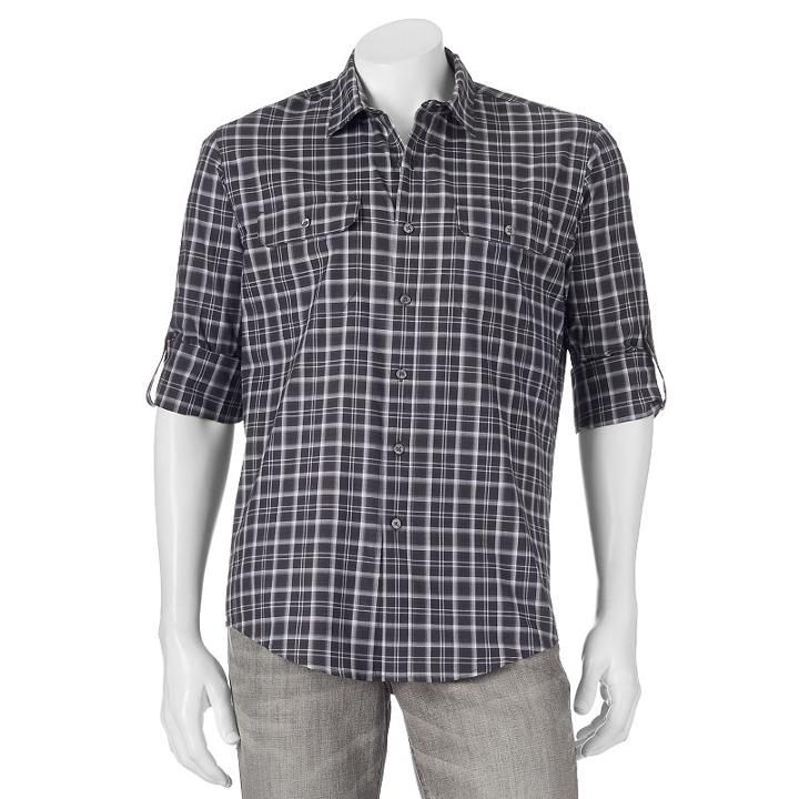 Men's Apt. 9&reg; Modern-fit Plaid Roll-tab Button-down Shirt, Size: Small, Black