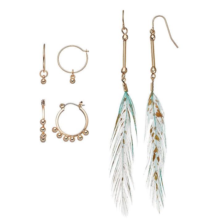Mudd&reg; Aqua Feather Drop & Beaded Hoop Earring Set, Women's, Turq/aqua