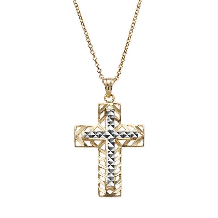 14k Gold Two Tone Openwork Cross Pendant Necklace, Women's, Size: 18, Yellow