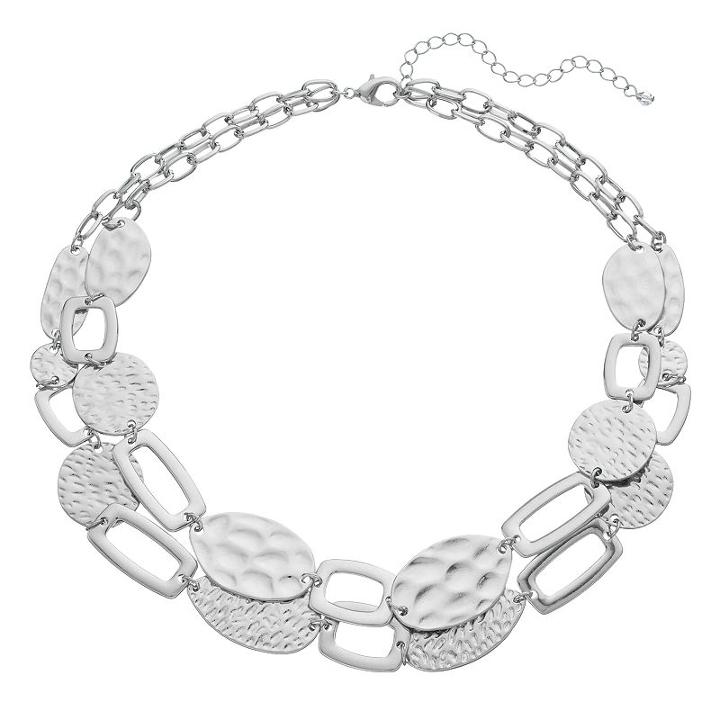 Hammered Geometric Link Double Strand Necklace, Women's, Silver
