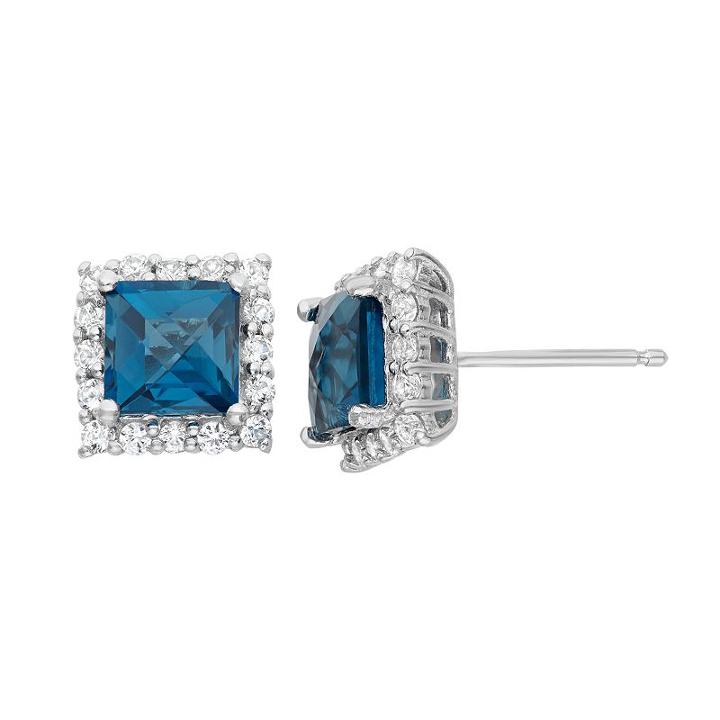 London Topaz And Lab-created White Sapphire Sterling Silver Square Halo Stud Earrings, Women's
