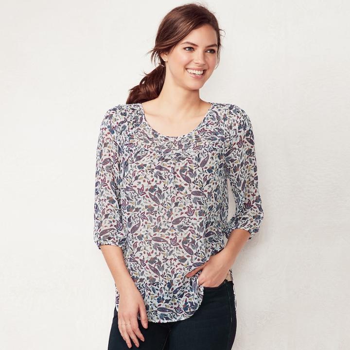 Women's Lc Lauren Conrad Printed Chiffon Peasant Top, Size: Xs, White
