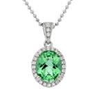 Green Obsidian And Cubic Zirconia Platinum Over Silver Oval Halo Pendant Necklace, Women's