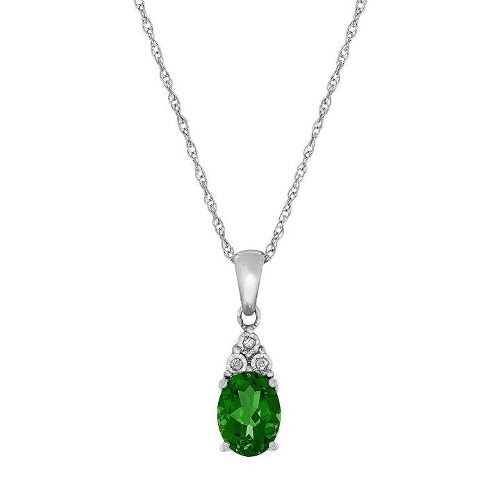 Sterling Silver Lab-created Emerald & Diamond Accent Oval Pendant, Women's, Green
