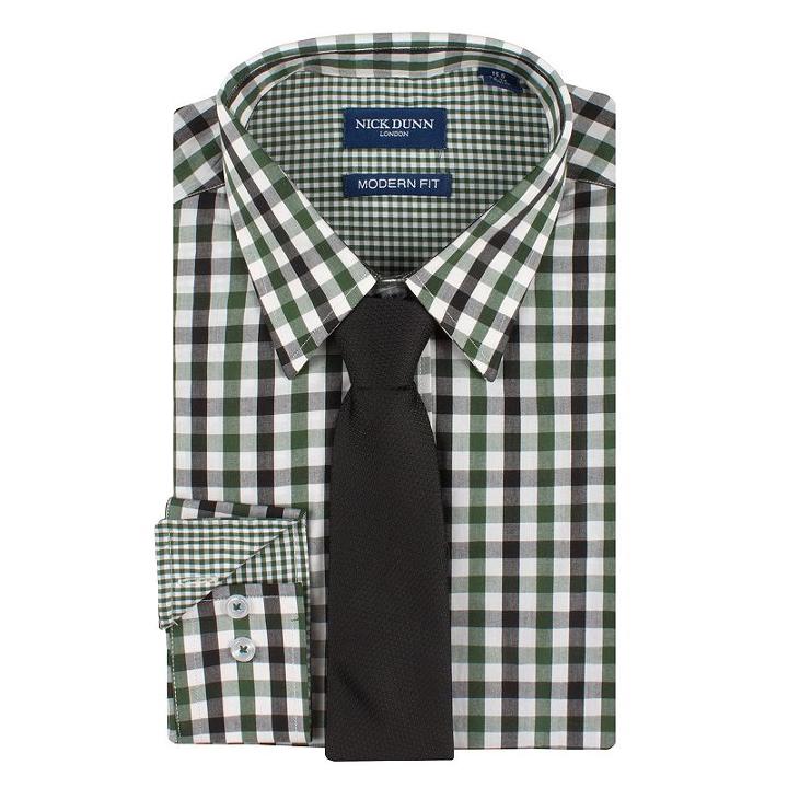 Men's Nick Dunn Modern-fit Patterned Easy-care Spread-collar Dress Shirt & Tie Set, Size: S 34/35, Green