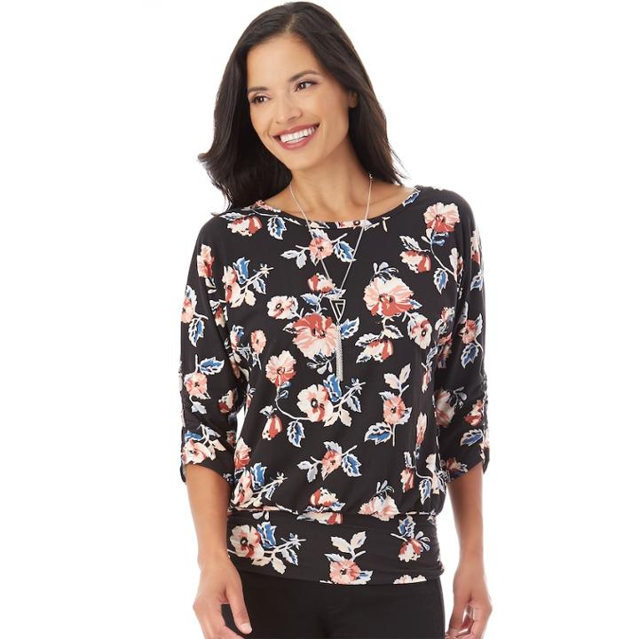Women's Apt. 9&reg; Banded Bottom Top, Size: Large, Black Floral