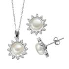 Freshwater Cultured Pearl & Cubic Zirconia Sterling Silver Flower Pendant Necklace & Button Stud Earring Set, Women's, Size: 18, White