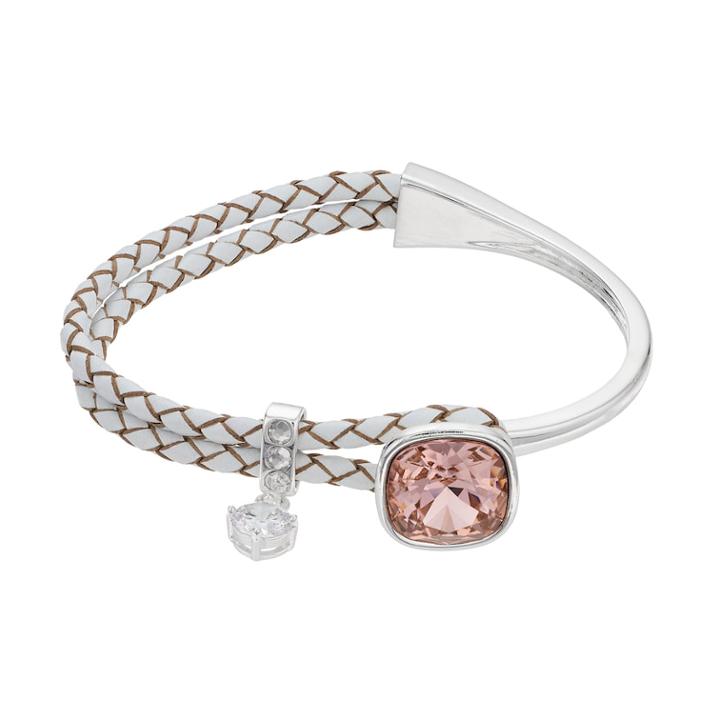 Brilliance Cubic Zirconia Braided White Leather Bracelet With Swarovski Crystals, Women's, Pink
