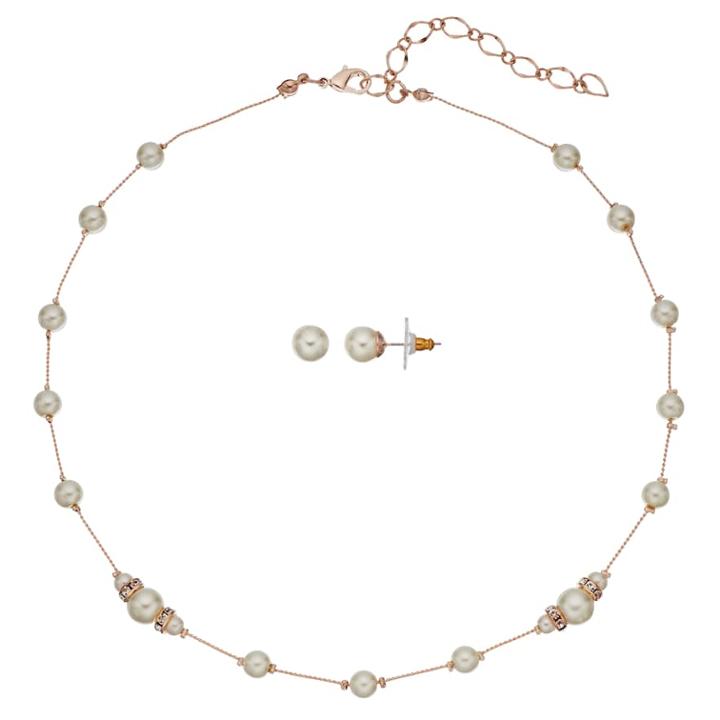 Simulated Pearl Station Necklace & Stud Earring Set, Women's, White