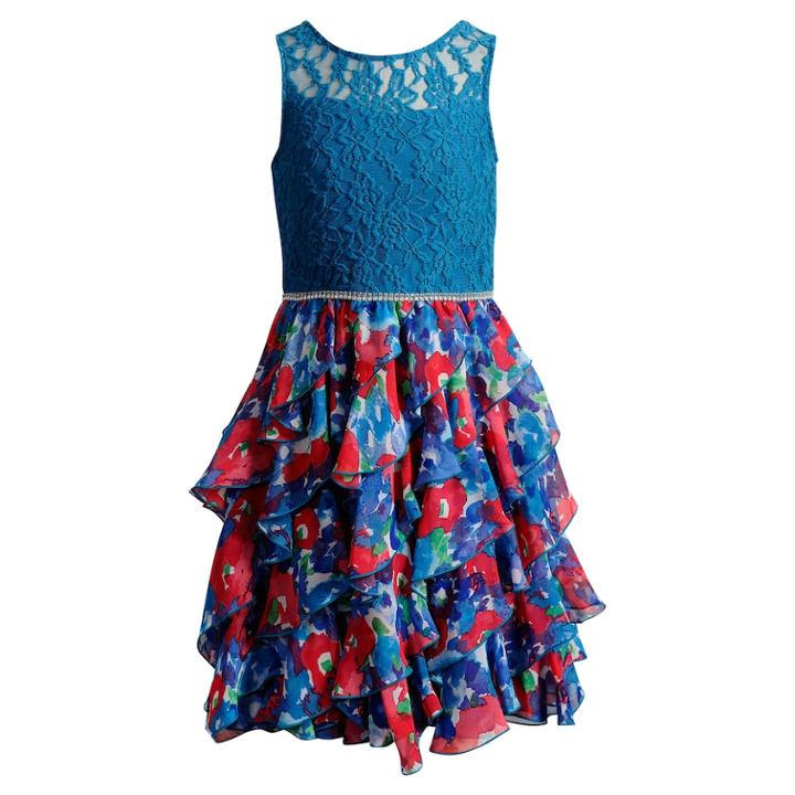 Girls 7-16 Emily West Lace Floral Ruffled Corkscrew Dress, Size: 14, Turquoise/blue (turq/aqua)
