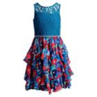 Girls 7-16 Emily West Lace Floral Ruffled Corkscrew Dress, Size: 14, Turquoise/blue (turq/aqua)