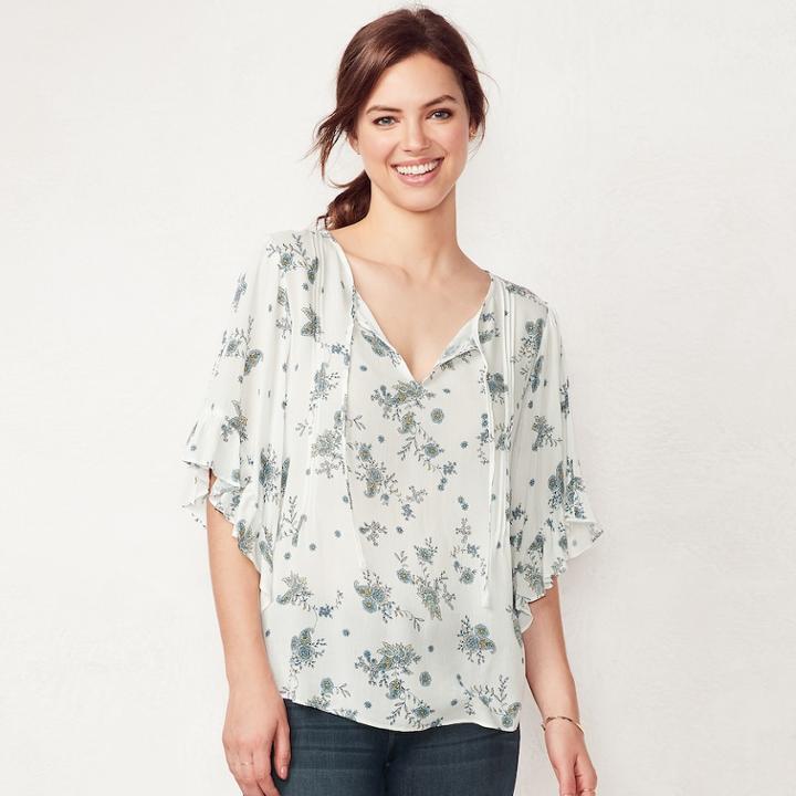 Women's Lc Lauren Conrad Print Flounce Sleeve Top, Size: Xxl, White