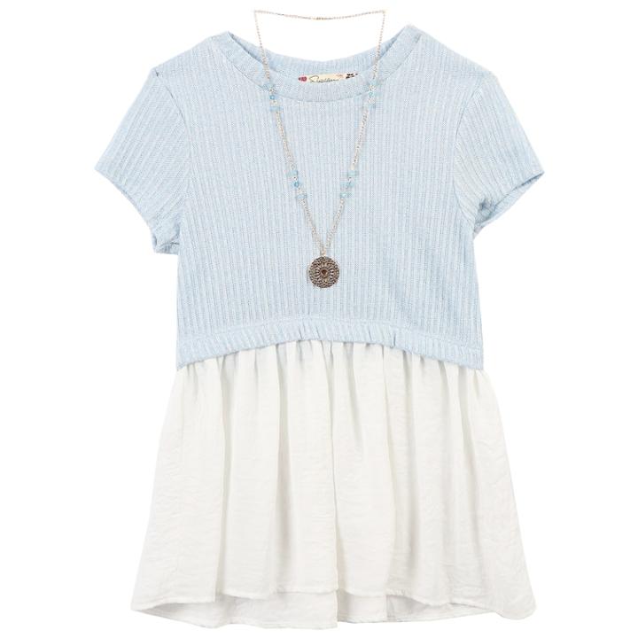 Girls 7-16 Speechless Knit Short Sleeve Tunic With Necklace, Size: Large, Med Blue