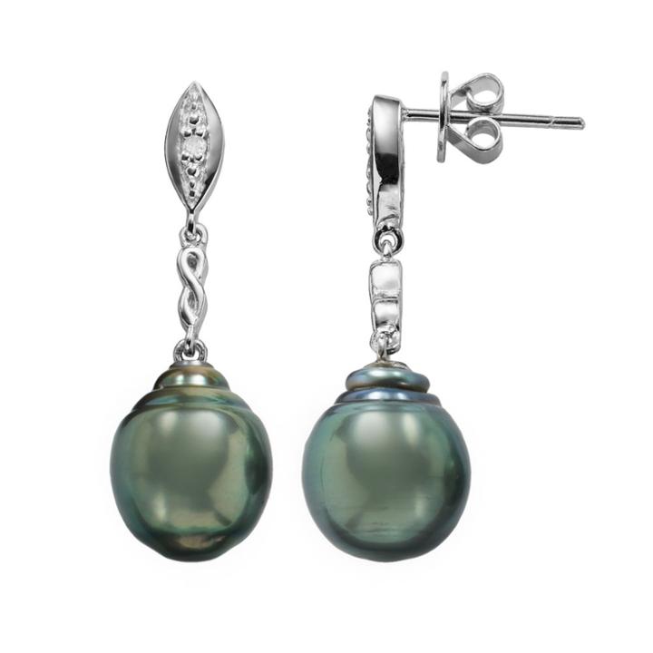 Sterling Silver Tahitian Cultured Pearl And Diamond Accent Drop Earrings, Women's