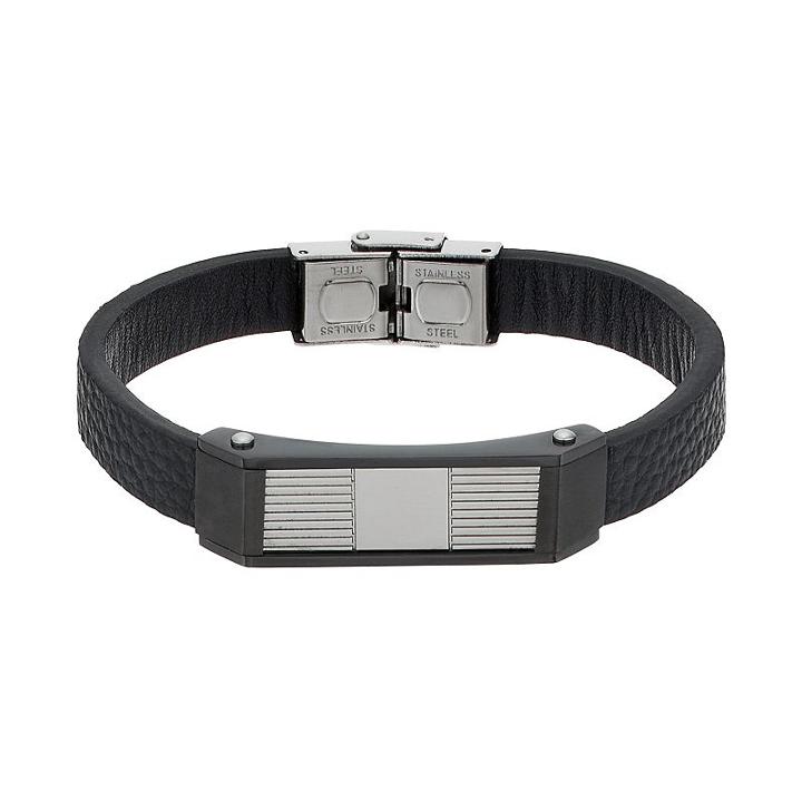Men's Stainless Steel & Black Leather Bracelet, Size: 8.5