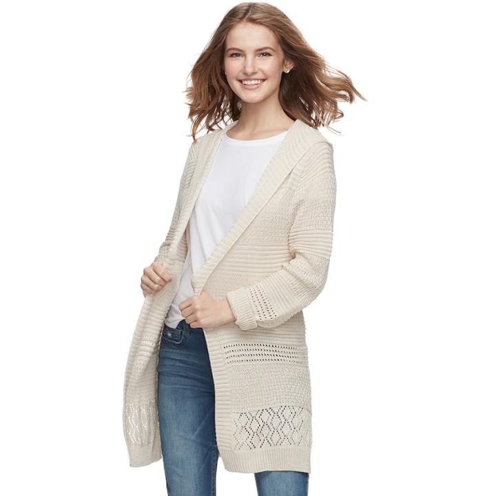 Juniors' Pink Republic Hooded Open-work Long Cardigan, Teens, Size: Small, Med Green