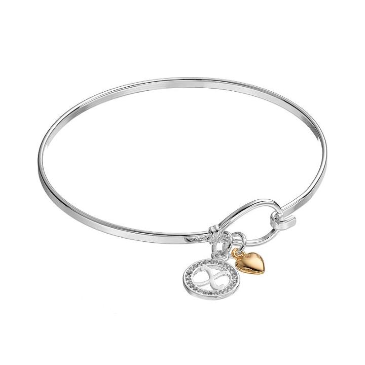 Cubic Zirconia Initial & Heart Charm Bangle Bracelet, Women's, White
