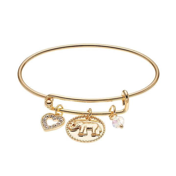 Elephant & Heart Charm Bangle Bracelet, Women's, Gold