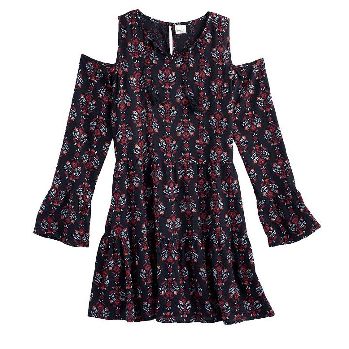 Girls 7-16 & Plus Size Mudd&reg; Cold-shoulder Bell Sleeve Patterned Dress, Size: 20 1/2, Black