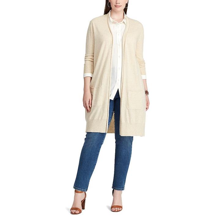 Plus Size Chaps Open-front Long Sleeve Cardigan, Women's, Size: 1xl, Beig/green (beig/khaki)