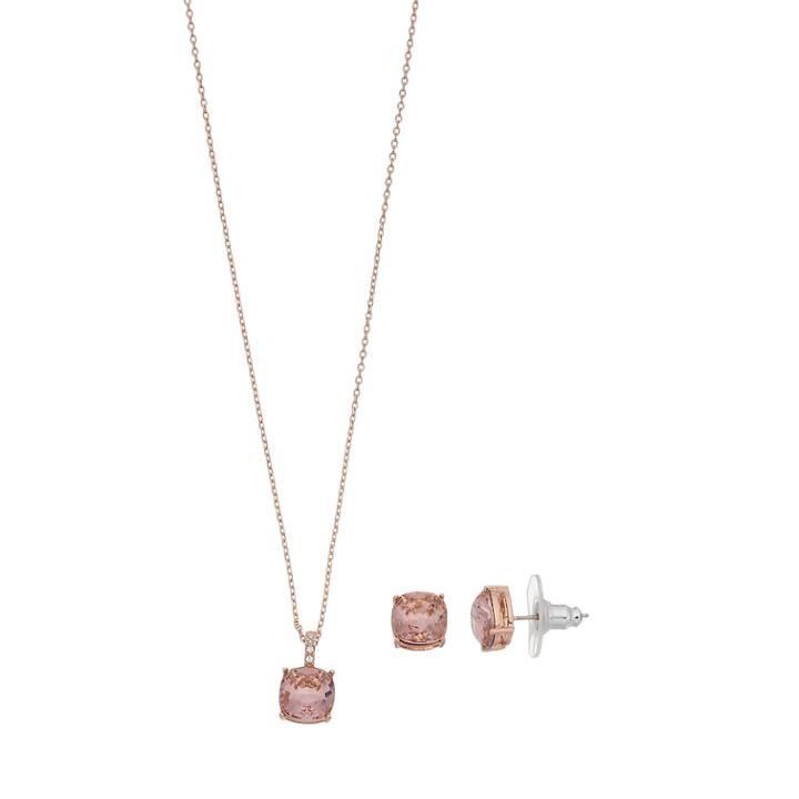 Brilliance Cushion Pendant & Stud Earring Set With Swarovski Crystals, Women's, Pink