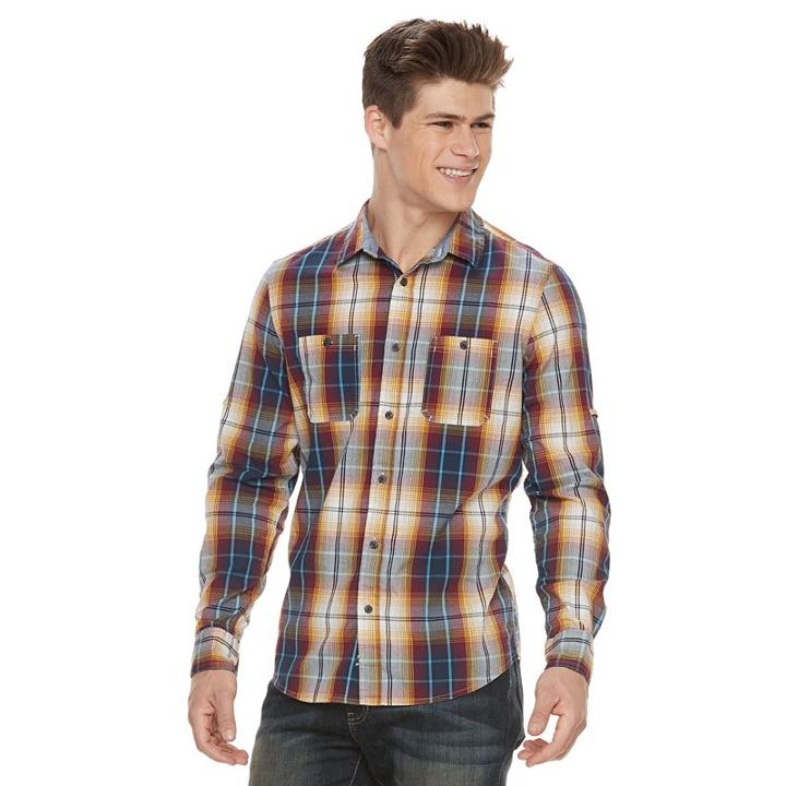 Men's Urban Pipeline&reg; Mexflex Plaid Button-down Shirt, Size: Large, Dark Red