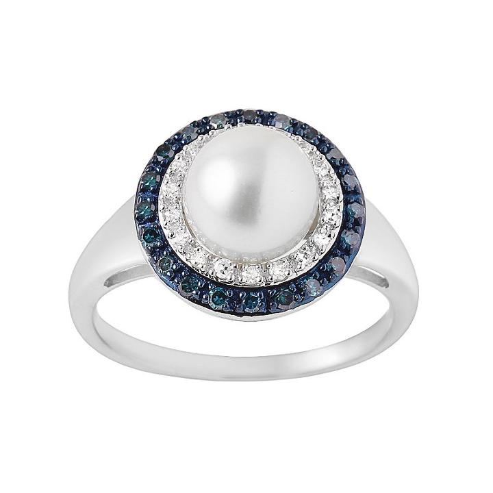 Freshwater Cultured Pearl And 1/4 Carat T.w. Blue And White Diamond Sterling Silver Halo Ring, Women's, Size: 8