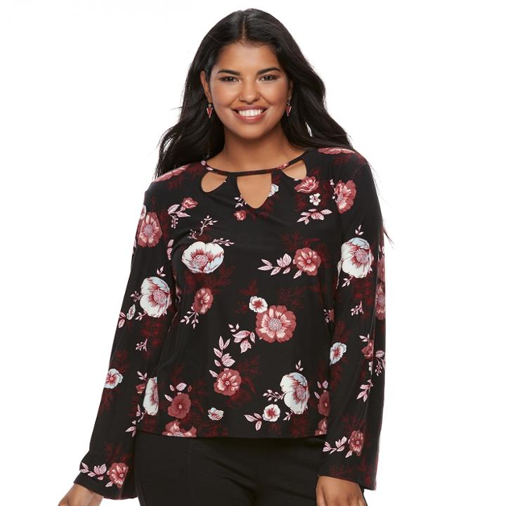 Juniors' Plus Size Mudd Keyhole Bell-sleeve Top, Teens, Size: 3xl, Black