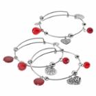 Red Bead & Heart Charm Bangle Bracelet Set, Women's