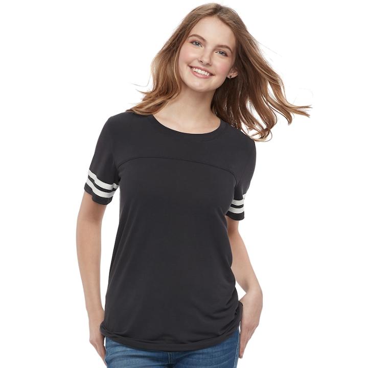 Juniors' Pink Republic Striped-sleeve Tee, Teens, Size: Xs, Dark Grey