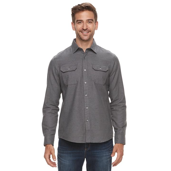 Men's Apt. 9&reg; Brushed Nep 2-pocket Woven Button-down Shirt, Size: Small, Dark Grey