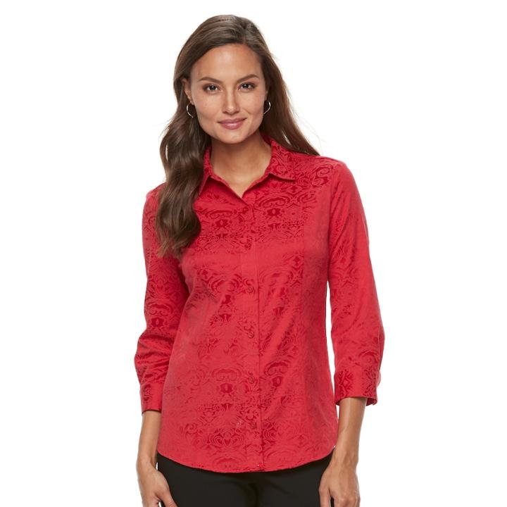 Women's Dana Buchman 3/4 Sleeve Button-up Top, Size: Medium, Med Red