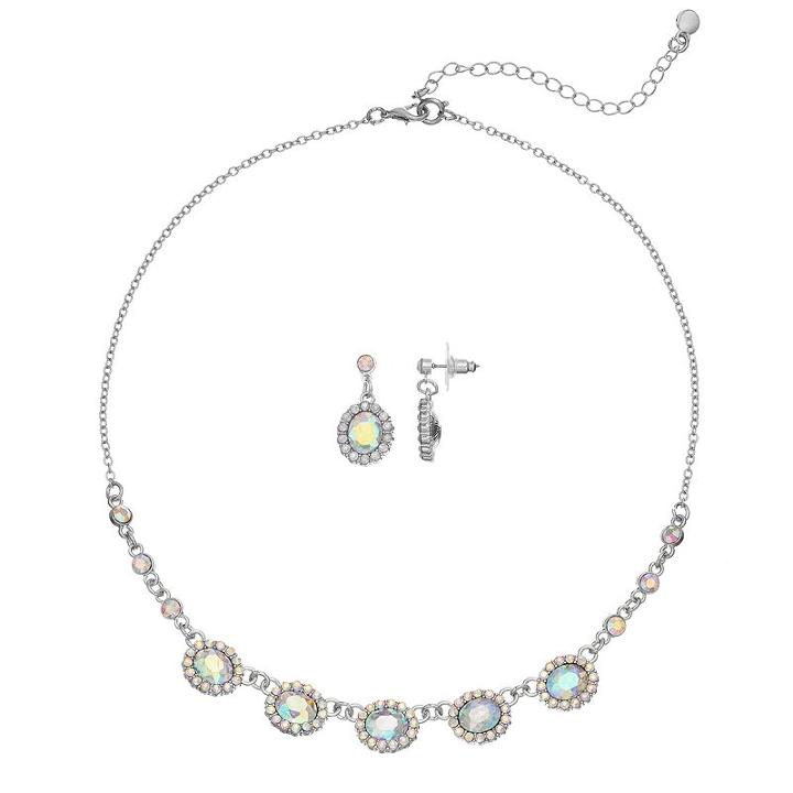 Iridescent Simulated Crystal Oval Halo Necklace & Drop Earring Set, Women's, Multicolor