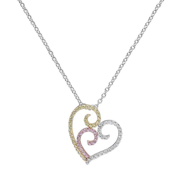 Tri Tone 18k Gold Over Silver Cubic Zirconia Filigree Heart Pendant Necklace, Women's, Size: 18, Multicolor