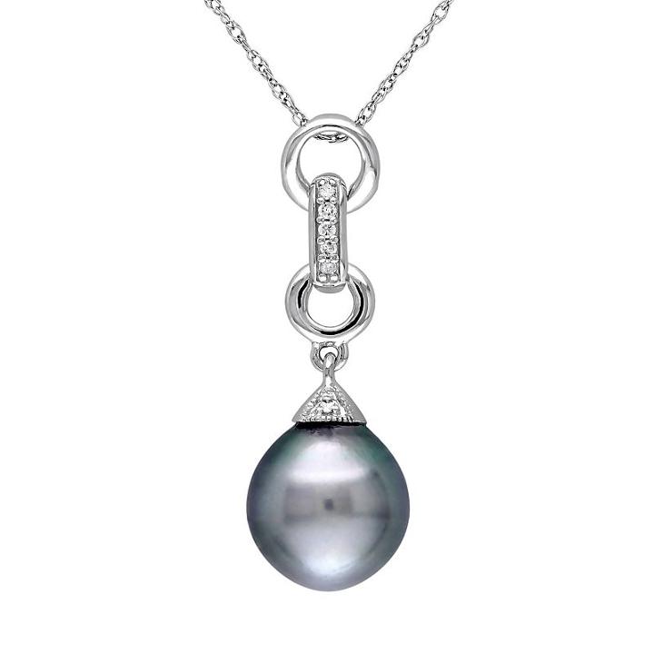 10k White Gold Tahitian Cultured Pearl & Diamond Accent Interlock Circle Pendant Necklace, Women's, Size: 17, Grey